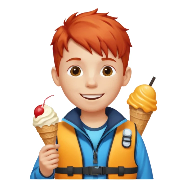 boy kid red haired wearing lifejacket, eating ice cream, sun sticker