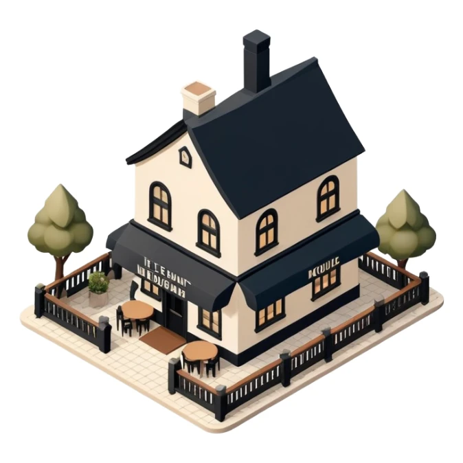 Isometric exterior little black, beige, and white mountain restaurant and pub, dollhouse style 3D realistic  sticker