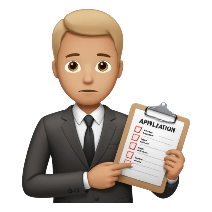 Man looking sad while holding a clipboard with a checklist that has a heading that says job application  sticker