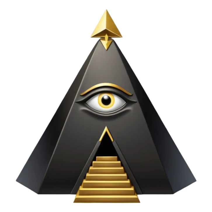 wide big iron black Illuminati throne with gold accents, pyramid and glowing all-seeing eye sticker