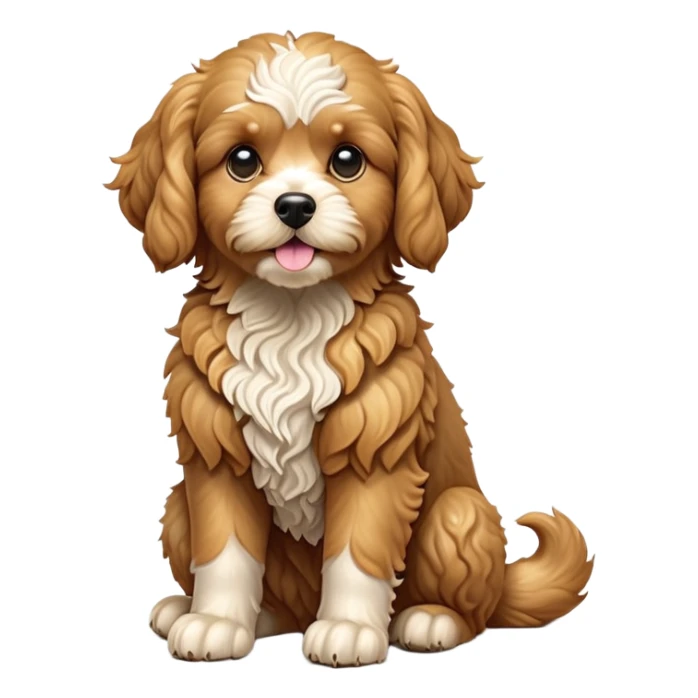cinematic-[cavoodle dog]-realistic-full-body-sitting-emoji,-tail-resting-loosely-beside-its-paws,-head-tilted-dramatically,-very curly-[solid golden]-fur,-simplified-yet-realistic-focused-features,-highly-detailed,-glowing-with-an-almost-sarcastic-glow sticker