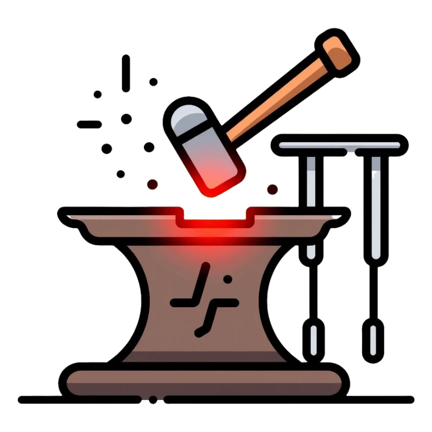 Blacksmithing icon, forged metal piece being shaped with hammer and anvil, glowing red-hot metal, blacksmith tools like tongs and chisel, sparks flying, minimalistic style, clean lines sticker