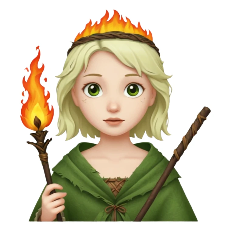 ancient european girl, tattered leaf green cloth, hold fire stick sticker