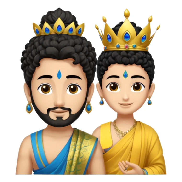 Create a Jesus, Krishna, and Buddha standing together. Krishna: bright blue skin, black curly hair tied in a small topknot, a tiny golden crown decorated with a peacock feather, wearing a yellow dhoti and light golden jewelry

 sticker