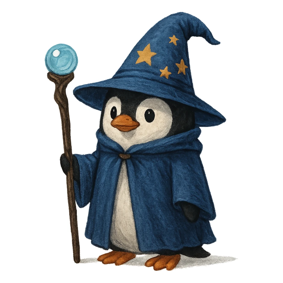 penguin wizard wearing a magical hat and holding a staff sticker