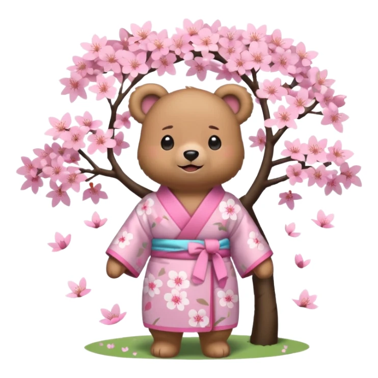 A cute light-brown bear wearing a pastel pink sakura-patterned kimono, normal balanced body ratio.  
Standing under a blooming sakura tree, looking up at falling pink petals with a soft amazed smile.  
Kawaii emoji style, minimalistic clean sticker illustration, simple scenic background. sticker