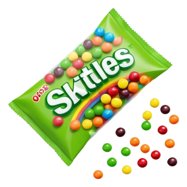 Minimalist top-down view of an open Skittles package with green candies spilling out. Simple rainbow colors on package, clean design. sticker