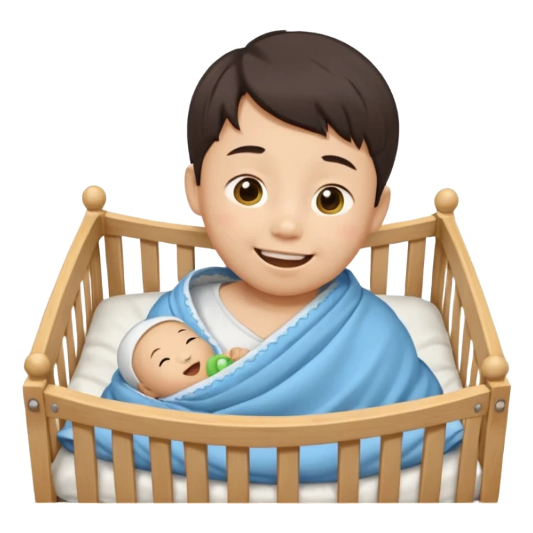 swaddled Asian boy with pacifier in wooden crib, emoji style sticker