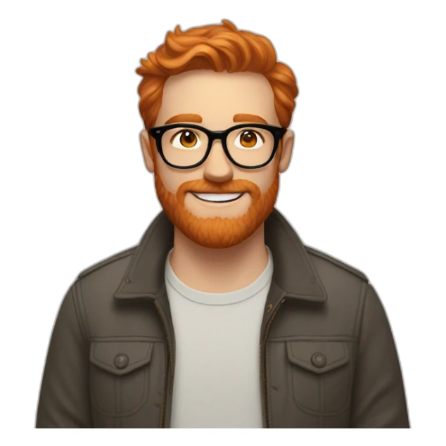 White man with reddish orange hair and beard, wears tortoise shell glasses from warby parker and has dimples sticker