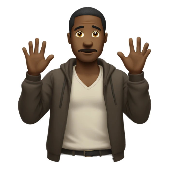 black man with hands next to head in shrugging position, with attitude sticker