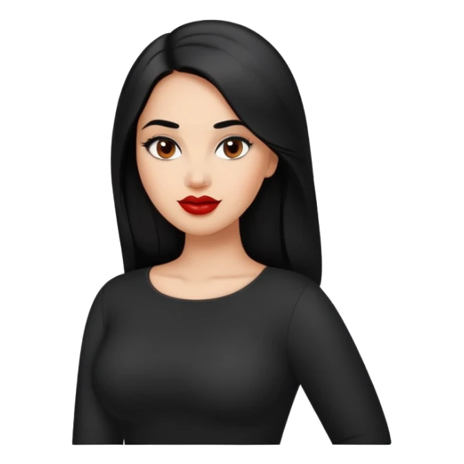 Confident curvier young woman with oval face, elegant features, medium brown skin, dark brown eyes, arched eyebrows, red lipstick, long black hair, fuller figure, wearing a black top sticker
