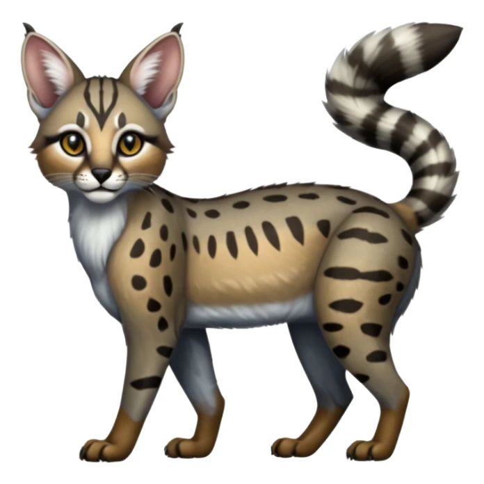 Realistic patterned marked edgy greyish blackish whitish silvery Shiny Colorful Glossy Genet-Caracal-Lion-Bobcat-fusion-animal-hybrid-creature, full body, tufted ears, long thin tufted tail sticker