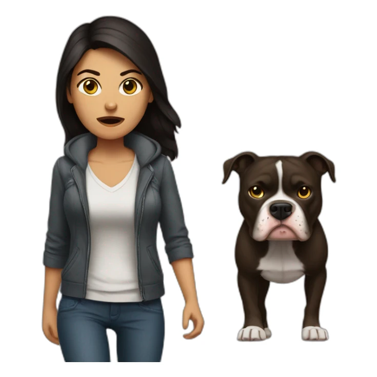 a woman with dark hair is angry and walk with a pitbull sticker