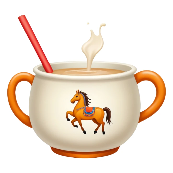 Mongolian milk tea bowl with horse-shaped handle, simplified emoji style with bold outlines and bright colors, cartoon style traditional nomadic drink sticker