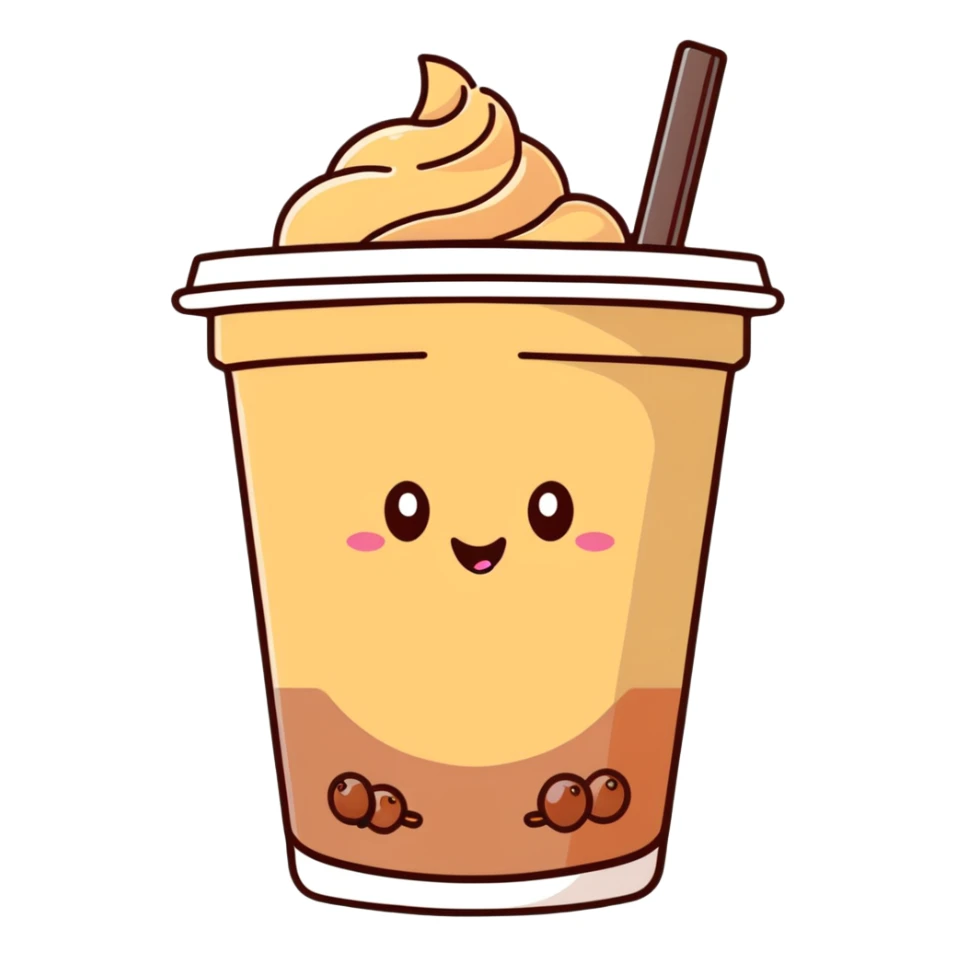 brown milk tea with a happy expression and boba pearls, soft mocha pastel tones, kawaii sticker