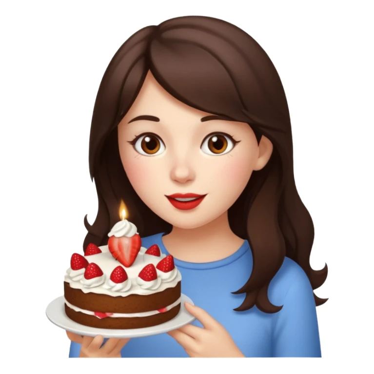 Brunette girl eating cake with strawberry sticker