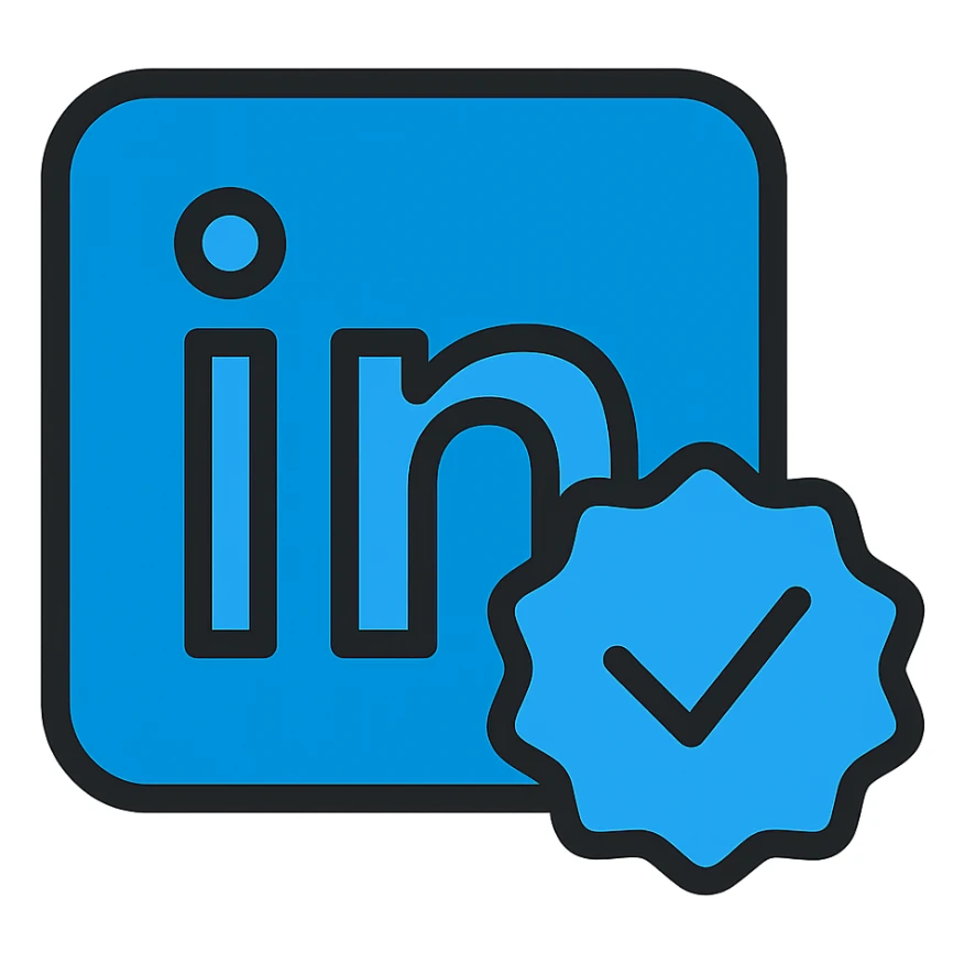 LinkedIn verification logo, blue checkmark badge, clean and modern, suitable for digital use sticker