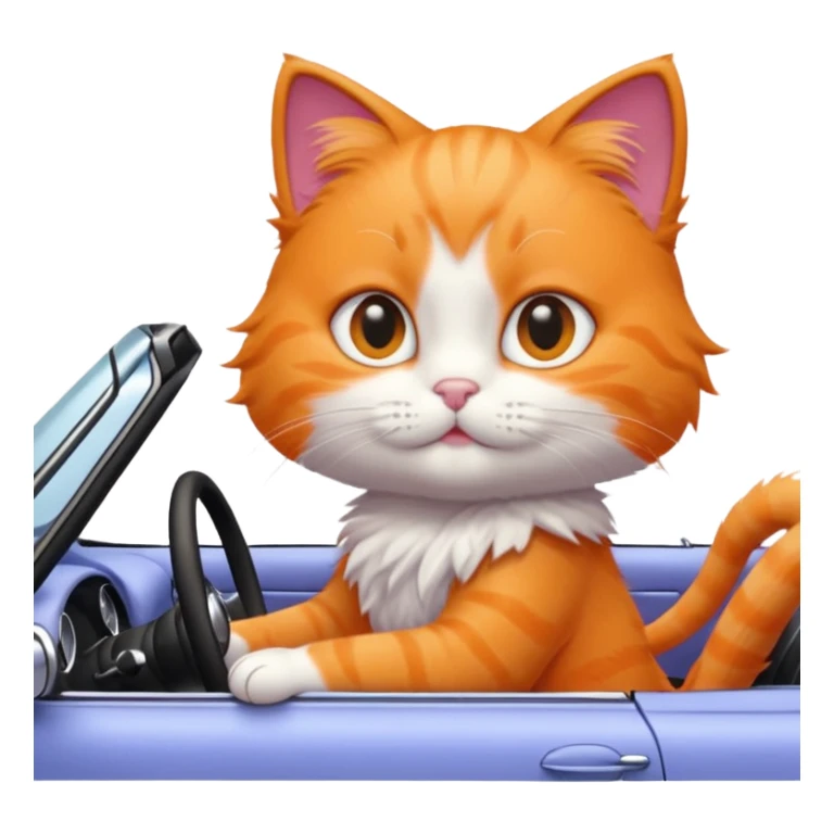 orange kitty driving a periwinkle convertible, focus on the cat and car sticker