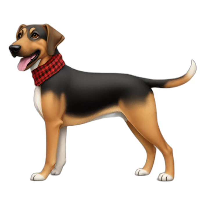 adult 75% Coonhound 25% German Shepherd mix dog with visible tail wearing small pointed red buffalo plaid bandana full body walking left sticker