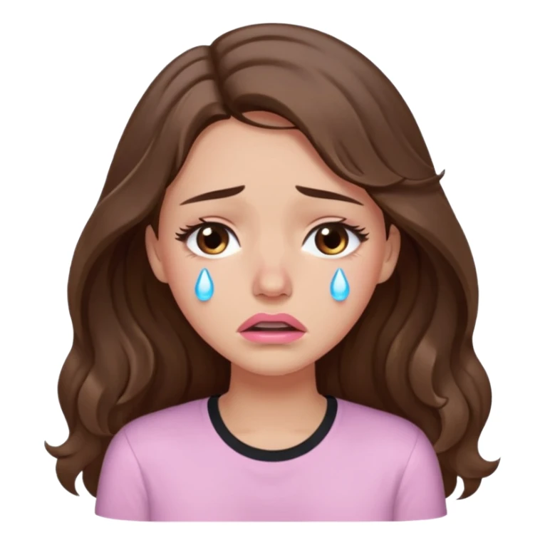 girl with wavy long brown hair, brown eyes, light to medium complexion, long lashes, light pink lipstick, wearing light pink shirt, crying big big tears sticker