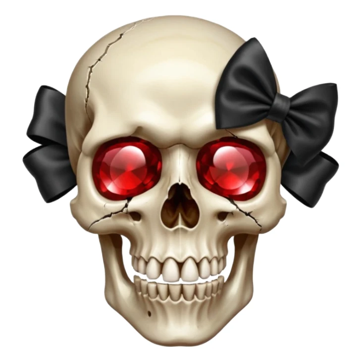 make me a red crystal skull partly see thew super gem like make it realistic and held together by a big black bow super realistic skull cracking all over the eyes are black and rotting  sticker