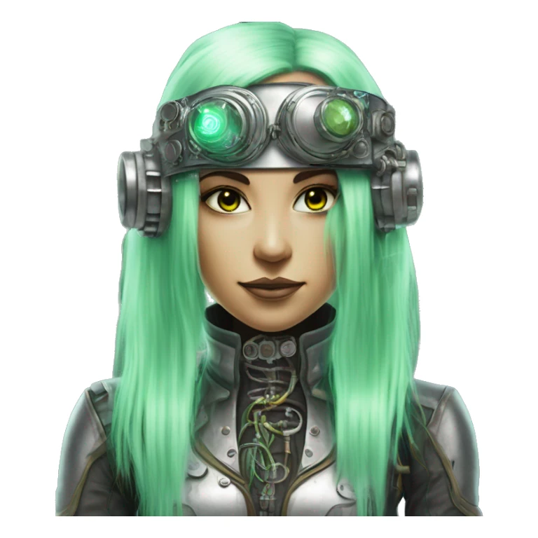 Light green long hair female cyborg head with silver steampunk goggles used as a headband and circuits sticker