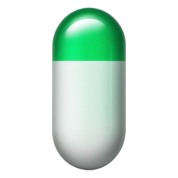 single medicine pill capsule, top half green, bottom half white sticker
