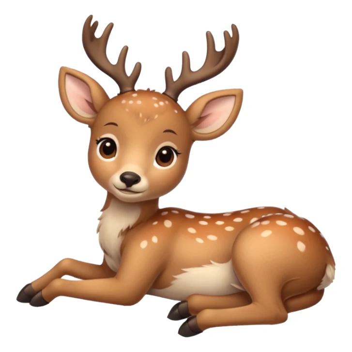 Cute beige deer lying down, legs folded, soft fur with lighter spots, big eyes, gentle smile, short antlers, simple cartoon style. sticker