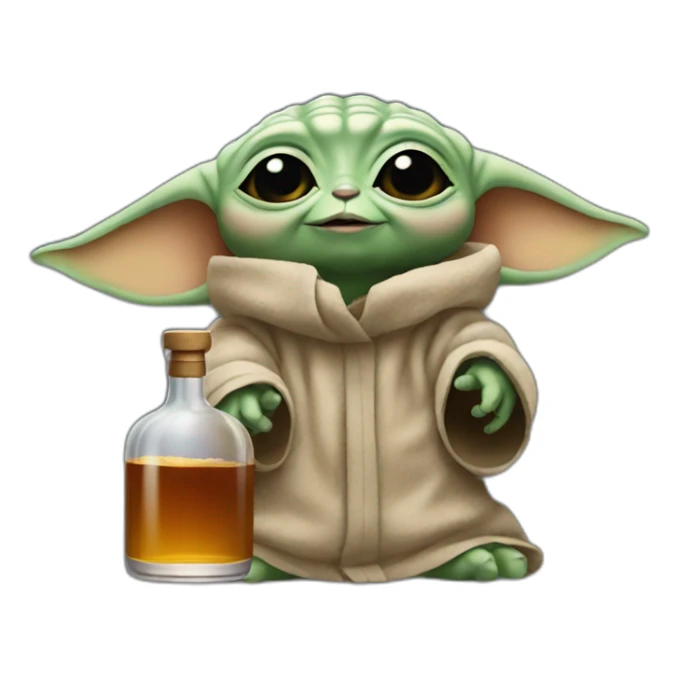 small baby Yoda holding up a big bottle of whiskey sticker