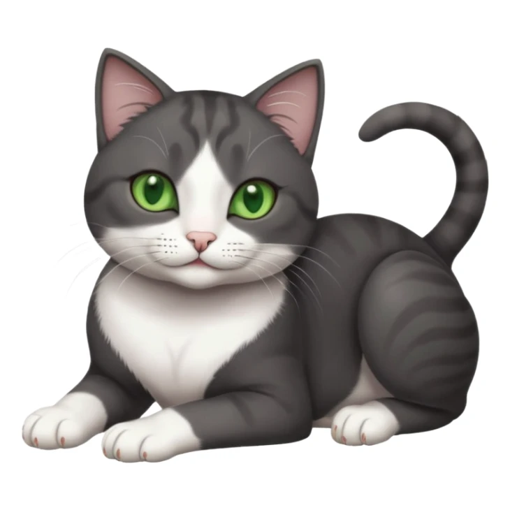 beautiful female solid dark grey cat with green eyes, white toes/paws and white patch on her chest rolling over sticker