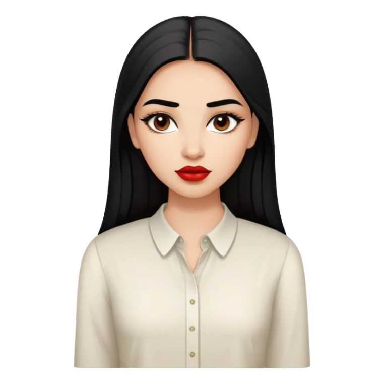 Young woman with oval face, high cheekbones, dark brown eyes, thick eyebrows, red lipstick, light brown skin, long straight black hair, wearing a white blouse sticker