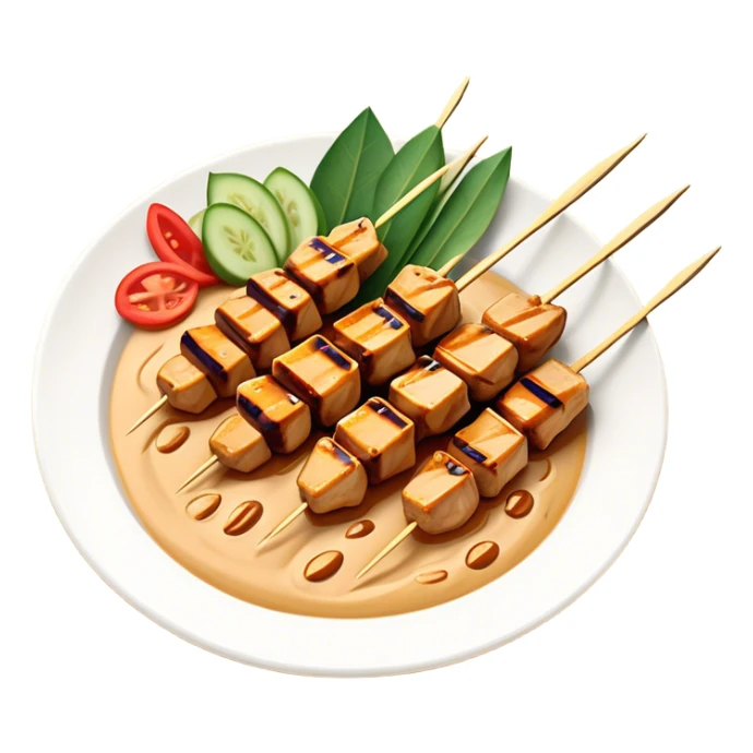 Cinematic Realistic Indonesian Chicken Satay Dish Emoji, depicted as succulent, marinated chicken skewers grilled to perfection with a subtle char, drizzled generously with a rich, creamy peanut sauce that glistens under warm, natural lighting. The vibrant textures of the tender meat and smooth, spicy sauce evoke the authentic flavors of Indonesian street food, rendered with lifelike detail and dynamic, appetizing lighting. sticker