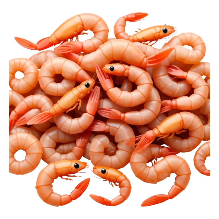 small handful of tiny whole dried shrimp, curled bodies, visible legs, tails, antennae, light pink to orange-brown, dry slightly translucent texture, natural scattered cluster, clean 3D look, soft lighting, no extra elements, no faces, emoji scale sticker