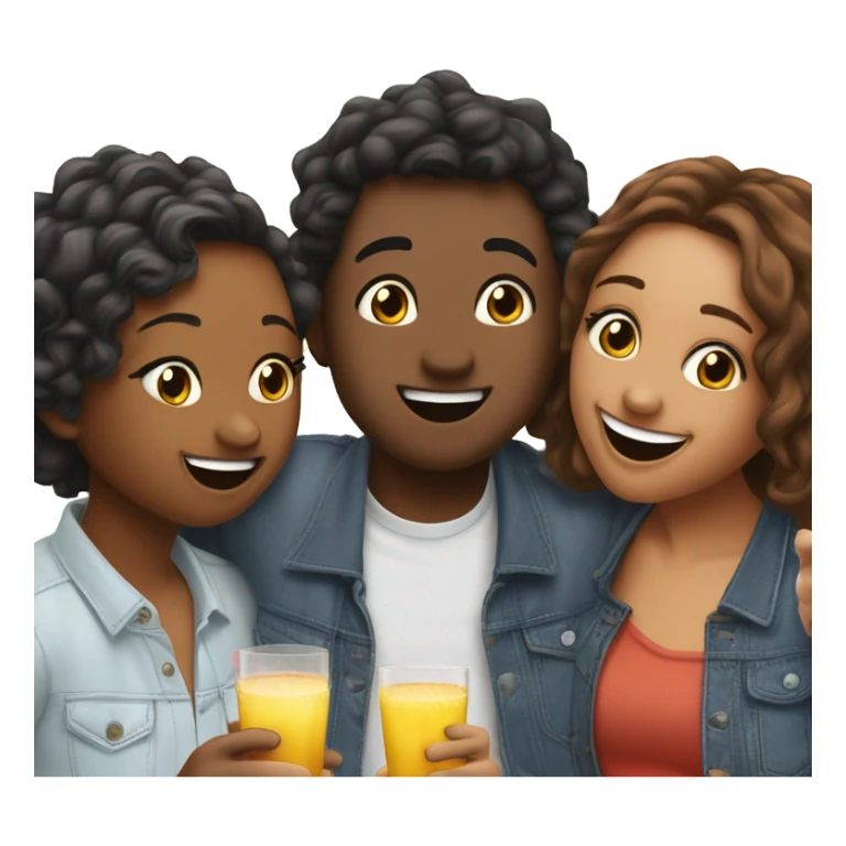 “Three friends at a party: one making a kissy face, one giving a playful cheek kiss, and one smiling widely. Show a fun, happy vibe of friendship with unique expressions.” sticker
