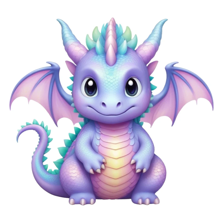Cinematic fluffy pastel dragon, tiny round wings, chubby feet, sparkling gentle eyes, delicate glowing scales, soft colors blending magically, enchanting and whimsical. sticker