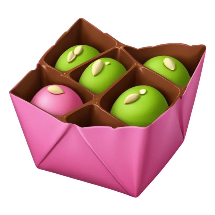 bitten chocolate in a pink wrapper. chocolate filling - pistachio paste green sticker