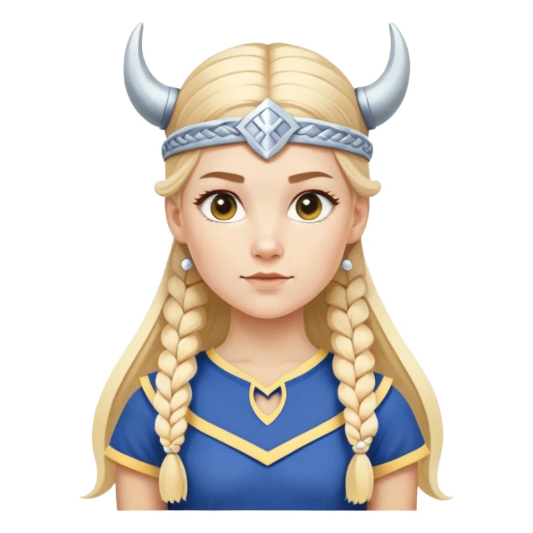 young white woman, light blonde hair styled in a long elegant braid with a white bow. She is wearing a stylized Viking helmet in blue and yellow colors (with small white horns and retro details). She wears a classic blue and yellow cheerleading uniform sticker