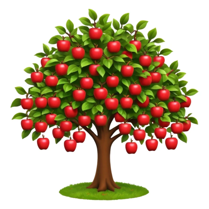 A 3D cartoon apple tree with red apples hanging from its branches, lush green leaves, bright daylight, Memoji-style realism. sticker