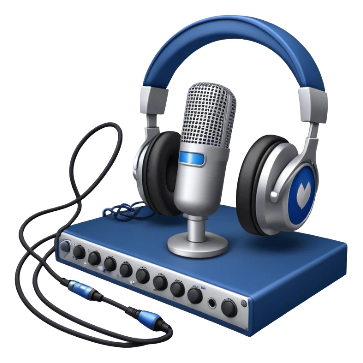 Create a sleek and professional emoji that represents voice acting and dubbing equipment. The design should feature a high-quality microphone, a sound mixer or audio interface, and headphones to symbolize the recording and technical process. Include elements like a soundproof booth or audio cables to reflect the studio environment. Use a modern, clean design with colors like silver, black, and dark blue to represent the professional side of voice acting. The background should be transparent. sticker