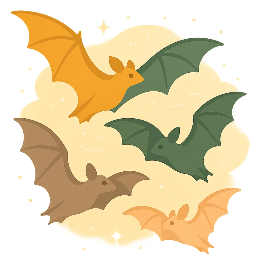 A group of flying bats in mid-air, illustrated in a stylized, artistic way using a warm, earthy color palette: golden orange (FA9B41), deep forest green (4A7C5C), muted taupe brown (96775A), and soft pastel peach (FFCC9A). The bats have sleek wings with subtle color gradients, and their bodies are small and streamlined, featuring elegant silhouettes. The sky around them has a magical, twilight glow with faint sparkles or mist, enhancing the enchanted atmosphere. The overall style is whimsical and soft, with a balance between natural and fantastical elements. sticker