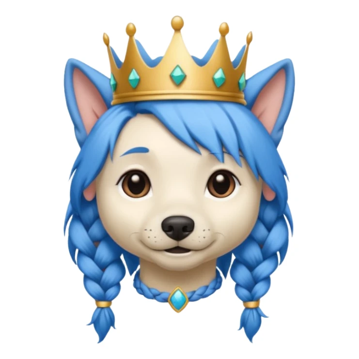 blue haired dog with braided hair and a crown sticker