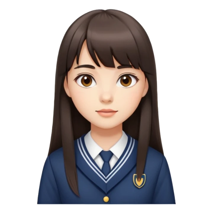Attractive female student with long straight dark brown hair with bangs, beautiful school uniform, subtle makeup sticker