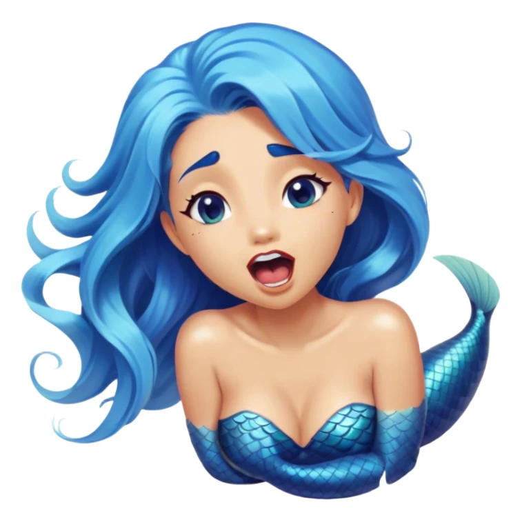 Cinematic Realistic Blue Hair Mermaid Portrait, head tilted slightly with a dramatic, wide-open yawn, revealing a tender, relaxed visage with intricately detailed, tanned skin and vibrant, cascading blue hair softly billowing around her. Her dreamy eyes exude a serene, aquatic charm, rendered with gentle underwater lighting and a soft, high-shine finish that captures the essence of a drowsy yet captivating mermaid drifting into tropical slumber. sticker