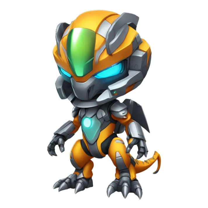 Colorful Edgy Chibi Greymon-Velociraptor-Genesect-Fakémon-Pokémon wearing a with a futuristic visor-helmet And Mecha-suit Full Body sticker