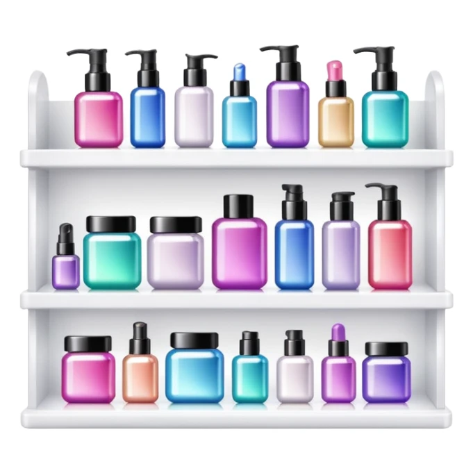 a white shelf with few beauty products and sparkles sticker