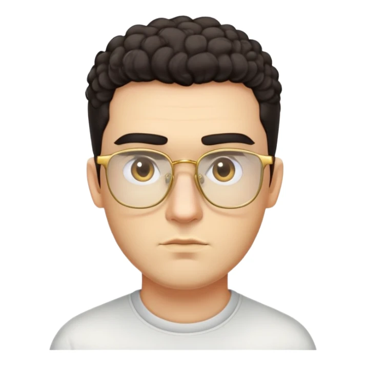 Man with square face, thick straight eyebrows, very short curly dark hair with fade on sides, light facial scruff, serious neutral expression, wearing large square golden glasses sticker