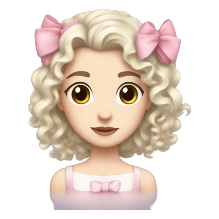 pale skin curly black hair brown eyes pink bow sticker