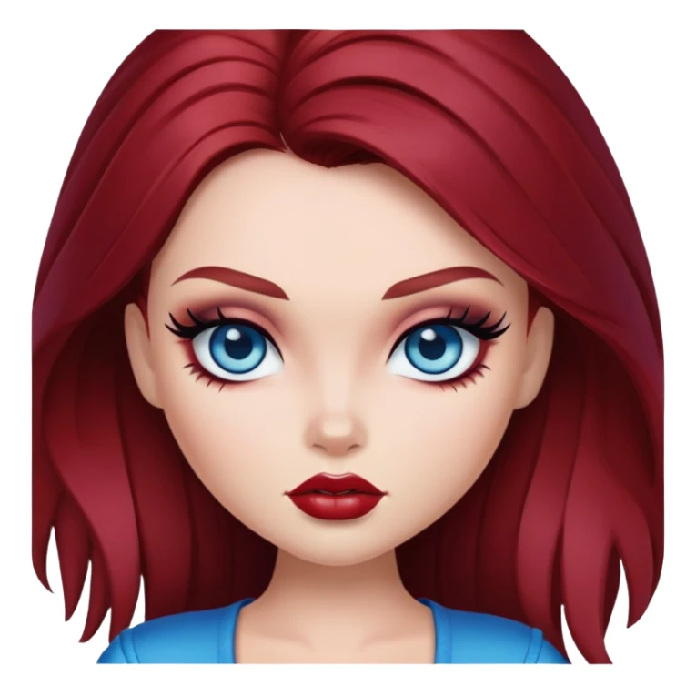 bratz baddie, dark red hair, blue eyes, makeup sticker