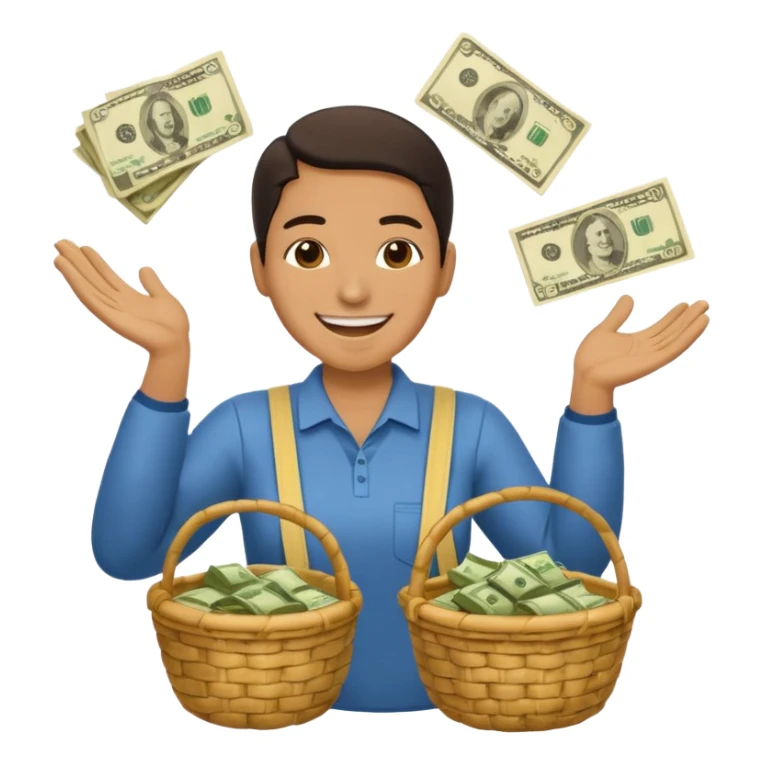 baskets, some overflowing with money, others with colombian arepas in the background a very happy person ridiculously throwing money around sticker