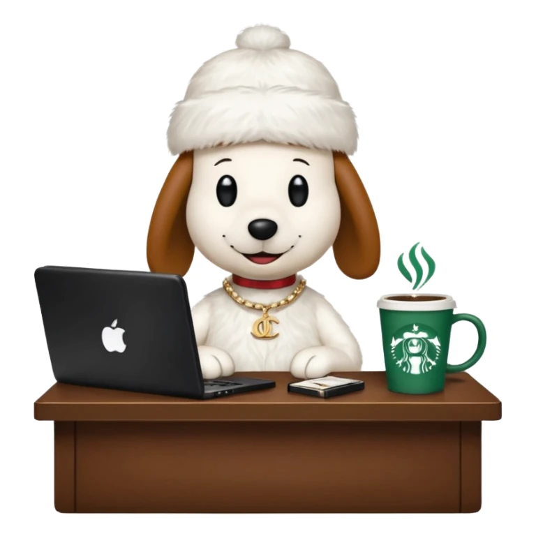 snoopy in a desk with starbucks and his chanel purse sticker
